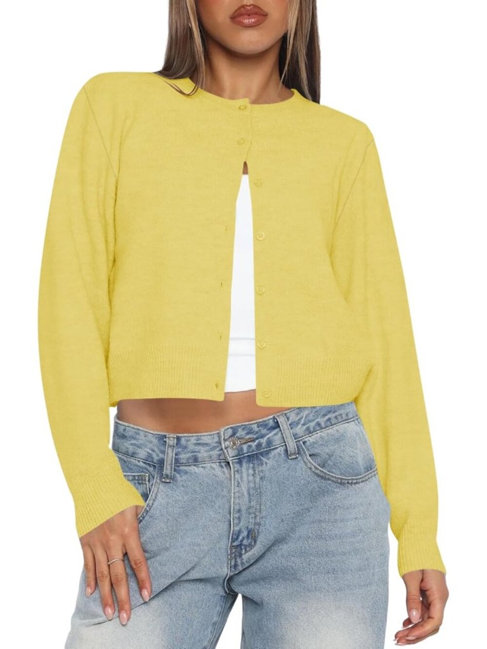 Women's Yellow Long Sleeve Button Up Cropped Imported Cardigan Sweaters